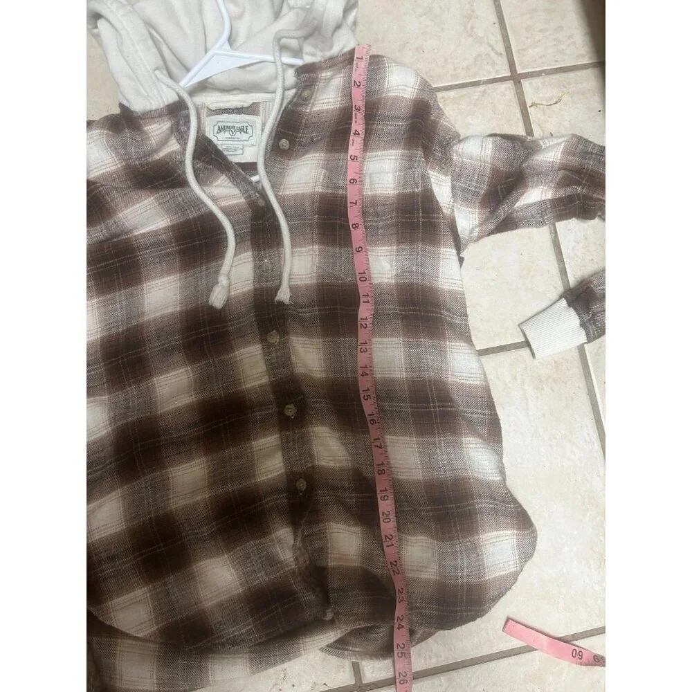 American Eagle Brown Plaid Hooded Flannel shacket Button Down oversize XS - Picture 7 of 7